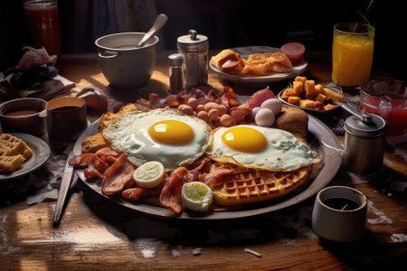 Generative ai illustration of an english or american fried breakfastの素材