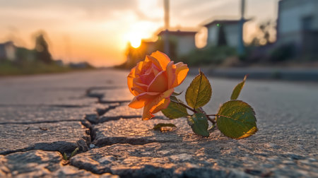 Generative ai illustration Close up on a Rose flower growing on crack streetの素材