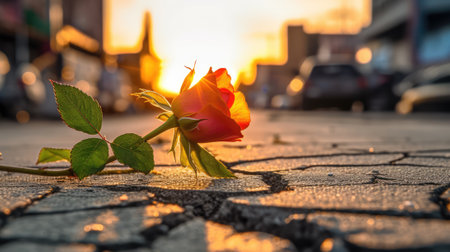 Generative ai illustration Close up on a Rose flower growing on crack streetの素材