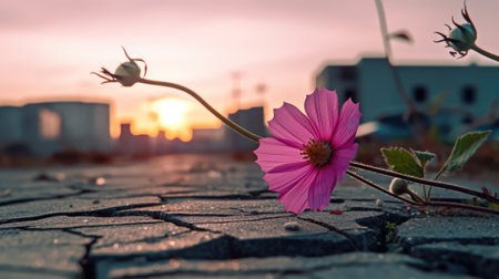 Generative ai illustration Close up on a Pink flower growing on crack streetの素材