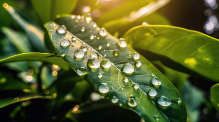 Generative ai illustration of Beautiful water drops sparkle in sun on leaf in sunlight, macroの素材