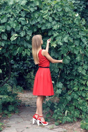 Blonde in bright red dressの写真素材