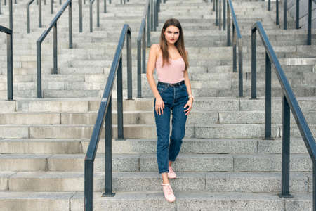 walk with a stylish blonde in the cityの写真素材