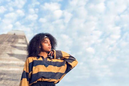 autumn walk with a dark skinned girlの写真素材