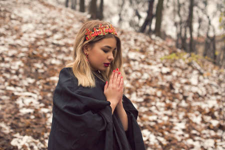 winter walk with cute blondeの写真素材