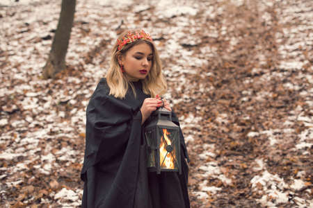 winter walk with cute blondeの写真素材