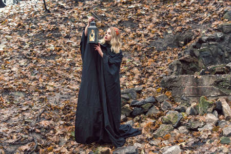 winter walk with cute blondeの写真素材