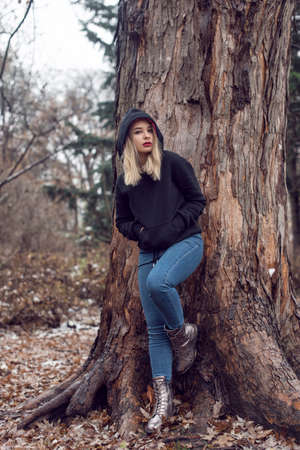 winter walk with cute blondeの写真素材