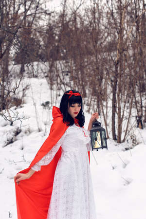 pretty girl adventures in the winter forestの写真素材