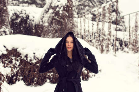 In the park with a girl in snowy weatherの写真素材