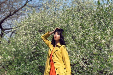 Walk with a girl in early springの写真素材