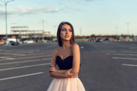 Photoshoot girls in the parking lot of the supermarketの写真素材