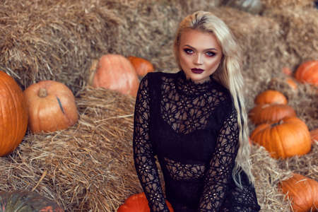 Halloween location with a young blonde