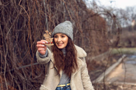 Winter walk with a young pretty girlの写真素材