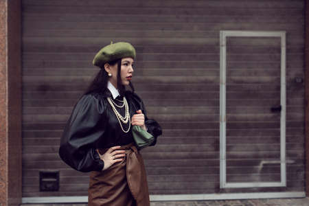 Winter walk with a fashionable young girlの写真素材