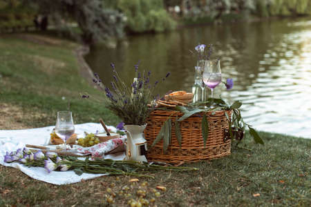 Summer picnic on the city riverの写真素材