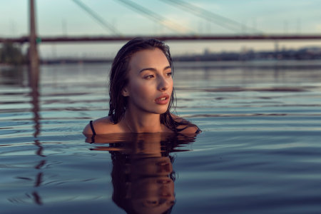 Evening photo shoot on the beach by the riverの写真素材