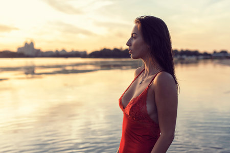 Evening photo shoot on the beach by the riverの写真素材