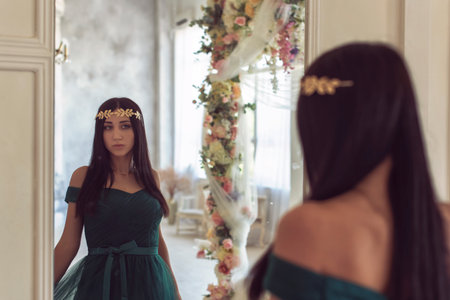 Pretty brunette in a long dressの写真素材