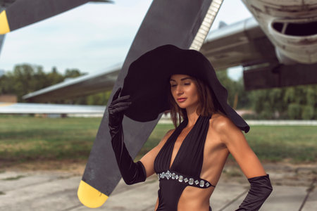 Brunette woman at the airfieldの写真素材