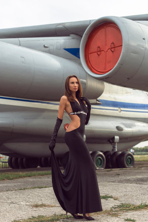 Brunette woman at the airfieldの写真素材