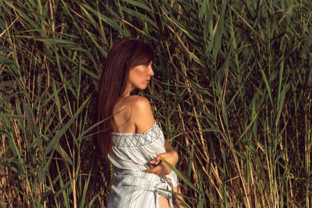 Young brunette woman on a sunny summer dayの写真素材