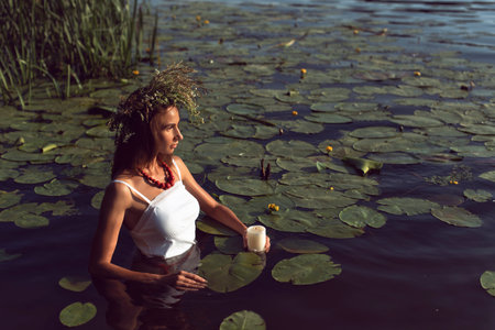 Young woman on the banks of the Dnieper riverの写真素材