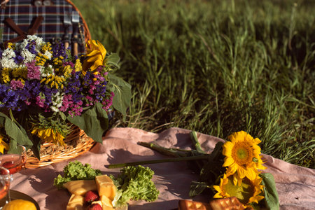 Different food on a picnic in the parkの写真素材