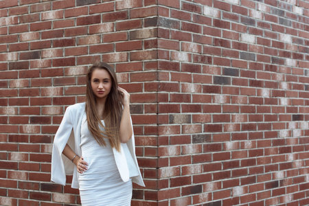 Fashionable woman in european cityの写真素材