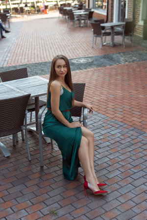 Fashionable woman in european cityの写真素材
