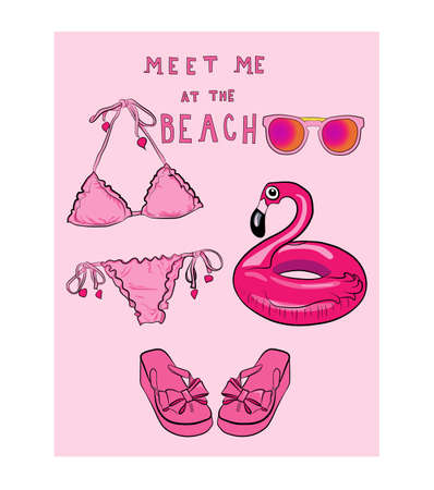 Girly summer outfit set. Pink and fuchsiaのイラスト素材