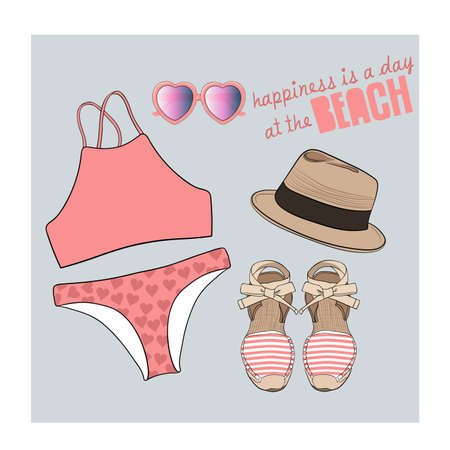 Bikini with hearts vector of hand drawn fashion illustration. A set of summer outfit collection with accessoriesのイラスト素材