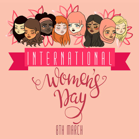 Illustration of women of different races for international women's day poster with pink background pastes flowers and ribbon fuchsiaのイラスト素材