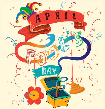 Happy April Fool's Day. Lettering in the box toy, springing out of a box.のイラスト素材
