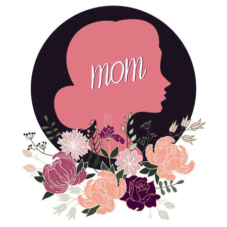 Cute card wiht mother's profile  in differents colors with flowers ornaments and white background for mother's day.のイラスト素材