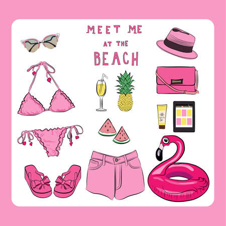 Hand drawn fashion vector illustration. Summer outfit collection super girly set with accessories and flower.のイラスト素材