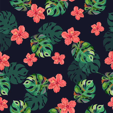 Seamless tropical pattern with Mostera delicious and flowers in green and pink colors.