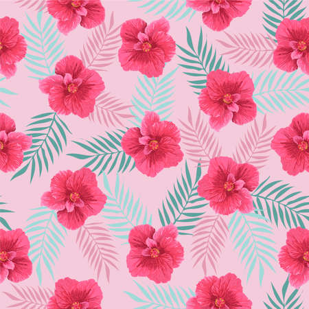 Seamless tropical pattern with palm leaves and jamaica flowers in green, fuchsia and pink colors.のイラスト素材