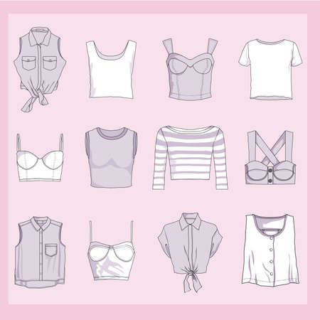 Set of clothes crop-tops icons. Female cloth collection, vector illustration.のイラスト素材