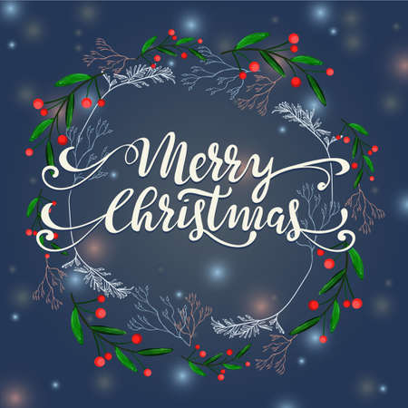 Merry Christmas celebrations with stylish text and snow on winter night background, can be used in card or as poster, banner or flyer.のイラスト素材