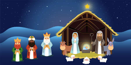 Illustration of Christmas concept of the birth of Jesus Christ with Joseph and Mary accompanied by...