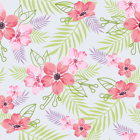 Seamless floral pattern, background in light blue with pink flowers for textiles, fabrics, cotton...