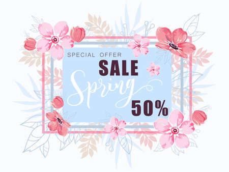 Spring sale background with beautiful pink and fucshia flowers, vector illustration template for banners, wallpaper, flyers, invitation, posters, brochure, voucher discount.のイラスト素材
