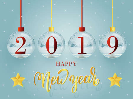 Happy New Year 2019 greeting card template design with glass ball collection.