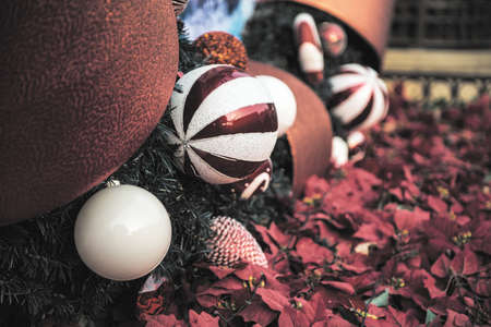 white christmas balls in the defocused backgroundsの写真素材