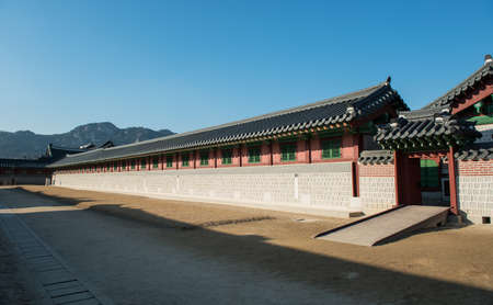 SEOUL, SOUTH KOREA - January 11, 2016: Gyeongbokgung Palace in Korea. Building built in the Joseon Dynasty. Small doors and palaces of kings who lived long wallのeditorial素材