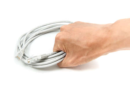 Ready-made LAN cable on IT professional handの写真素材