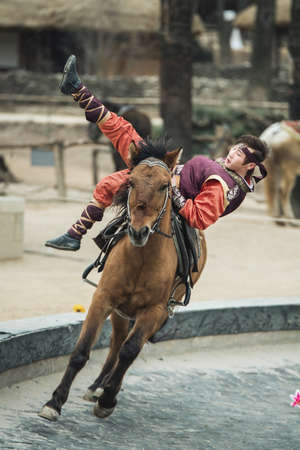 Seoul, South Korea - January 28, 2016: Participant a the Equestrian Feats act, a short acrobatic...