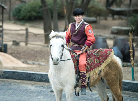 Seoul, South Korea - January 28, 2016: Participant a the Equestrian Feats act, a short acrobatic horseback routine executed by a team of five self-trained athletes on jan 28 2016 in Seoul South Koreaのeditorial素材