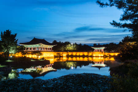 Gyeongju, South Korea - August 18, 2016 : Donggung Palace and Wolji Pond at Night, Gyeongju, South Korea.のeditorial素材
